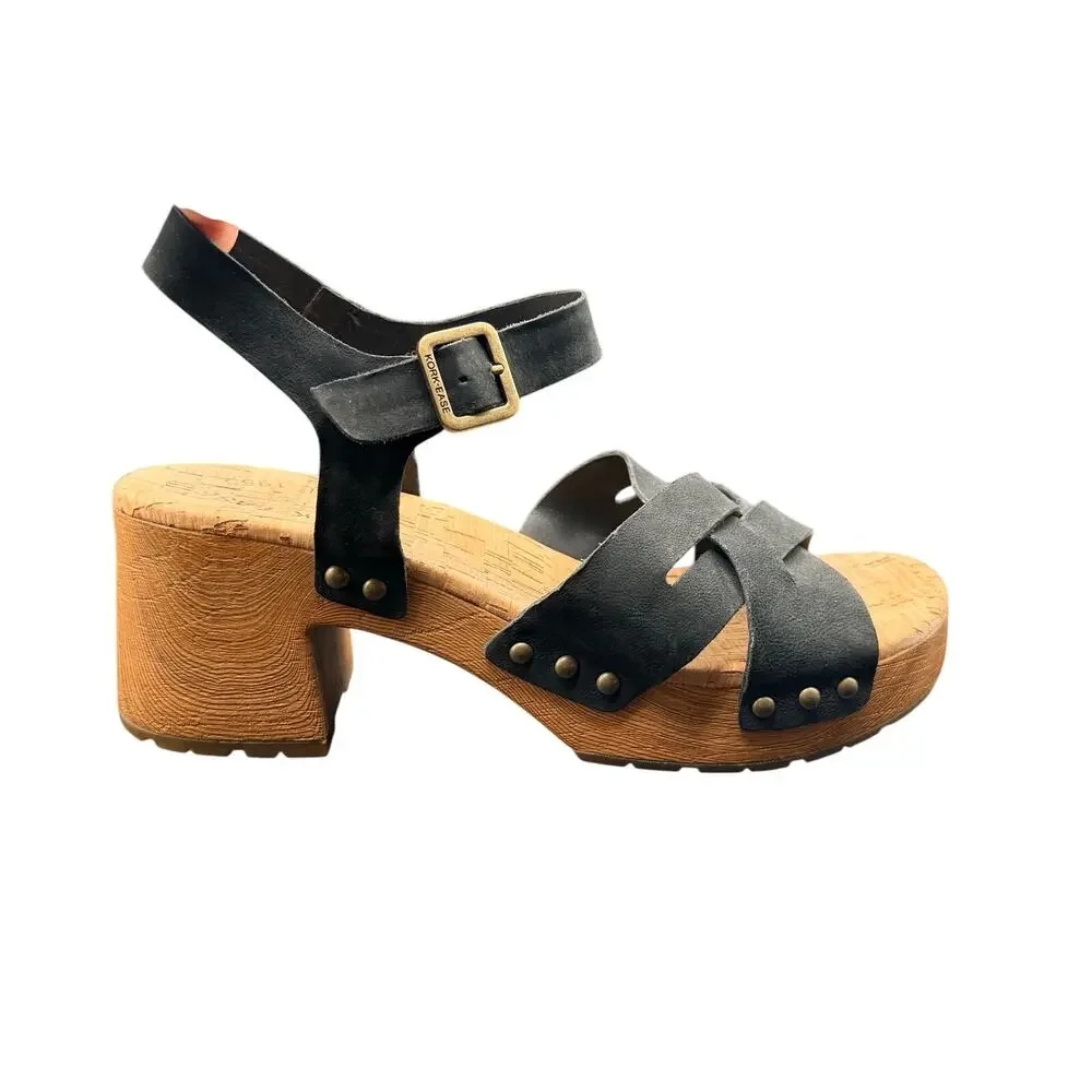 Kork-Ease Black Leather Platform Heeled Sandals Size 9M